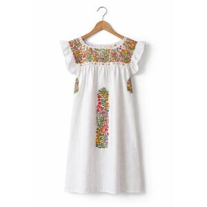 MI Golondrina Flores Embroidered Floral Ruffle Dress Women Small White Boho